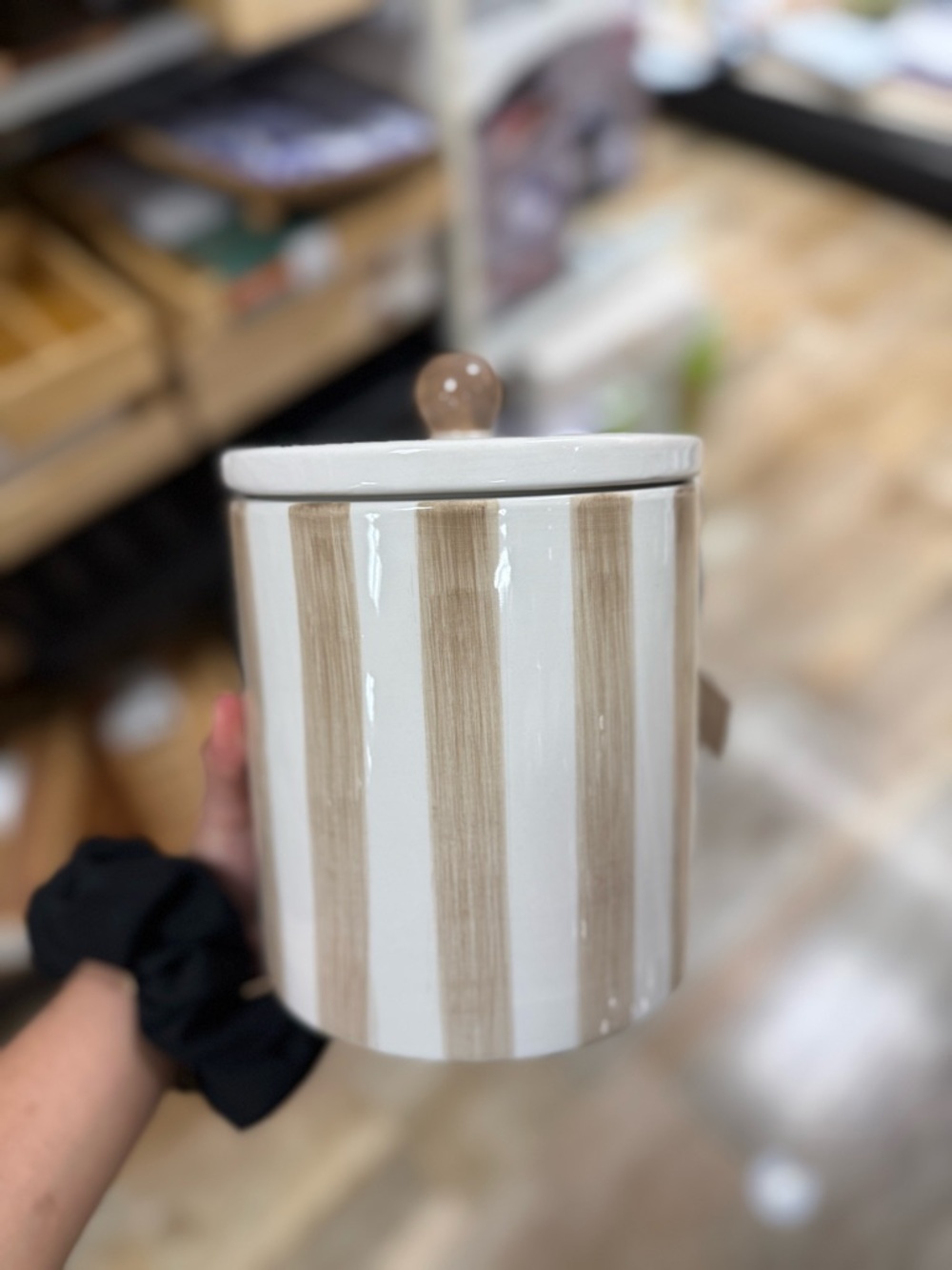 Striped Ceramic Canister - White & Tan